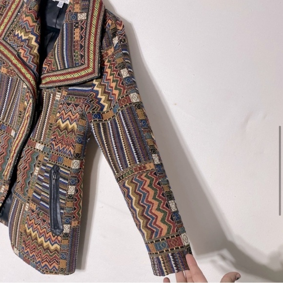 Fresh FX Chevron Stripe Jacquard Tapestry Zip Up Wide Collar Pea Style Jacket L - Picture 7 of 14